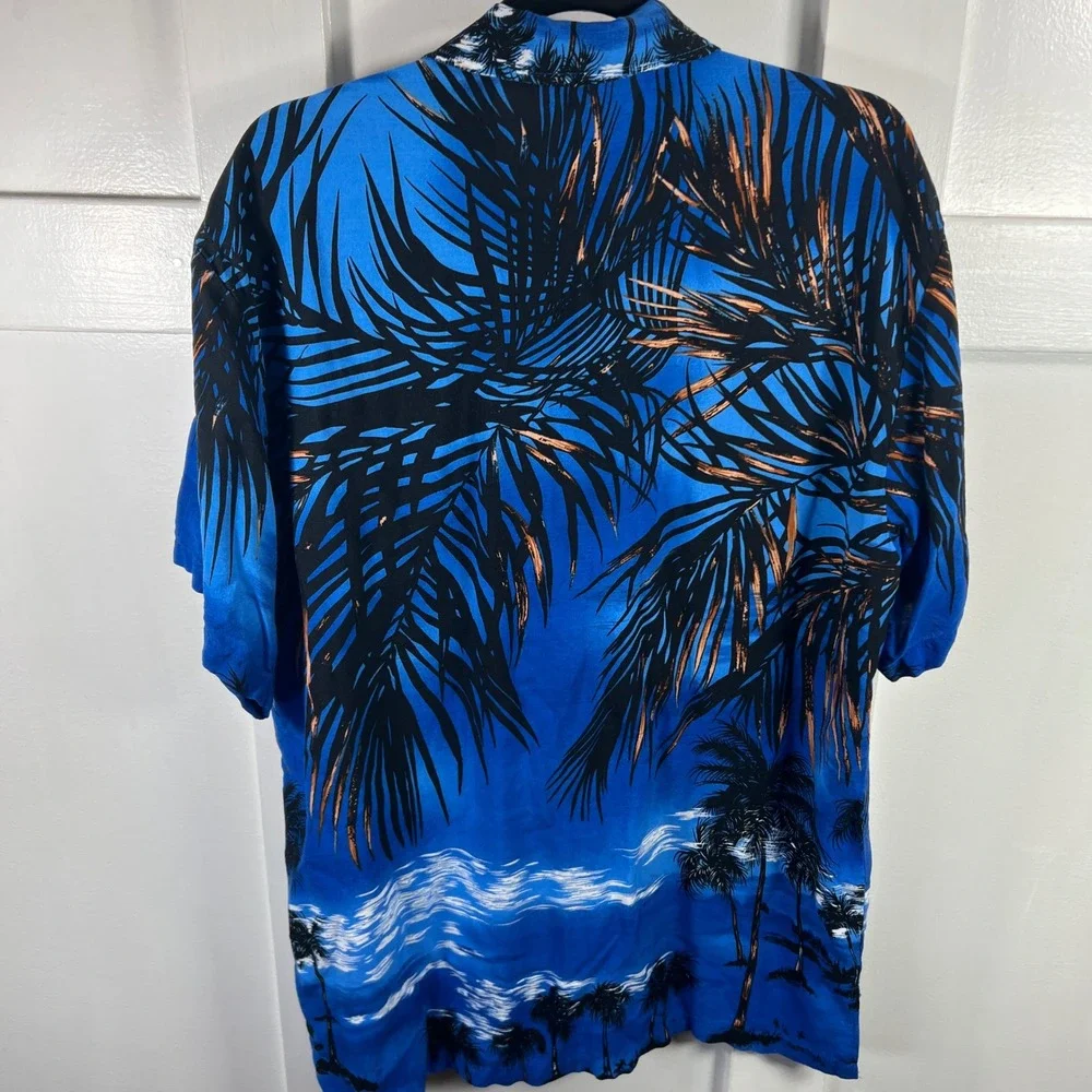 Uluwatu Collection Mens XXL Blue Tropical Palm Tree Rayon Button Down Shirt